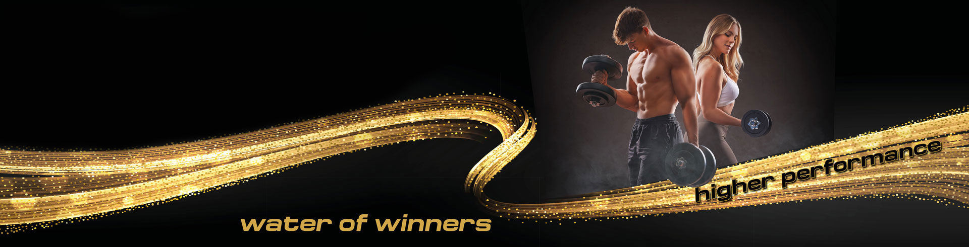 Banner mit einem sportlichen Mann und einer sportlichen Frau mit dem Schriftzug Water of Winners - Higher Performance